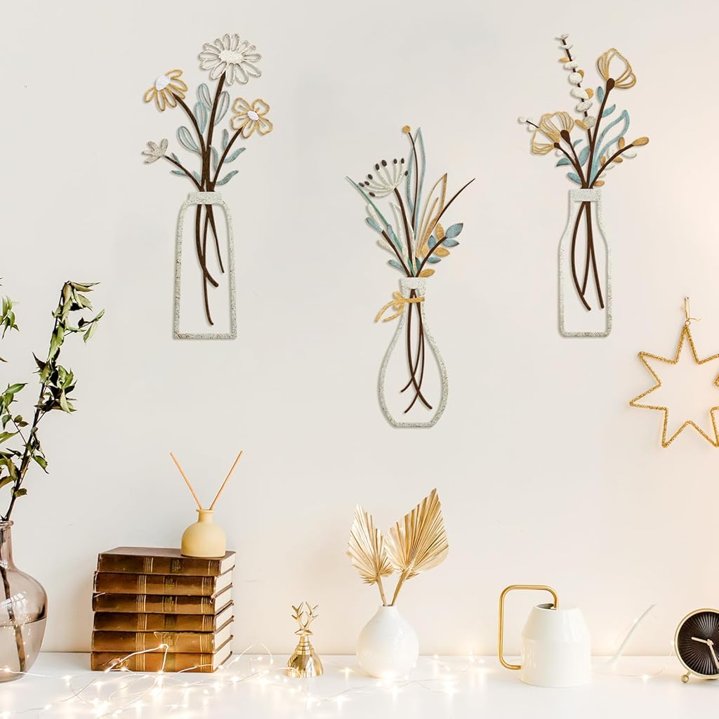 HASTHIP® 3 Pieces Metal Flowers Wall Art Rustic Farmhouse Decor Beige Minimalist Flower Wall Decors for Living room Bathroom Bedroom Dining Room-Housewarming Gifts HASTHIP® 3 Pieces Metal Flowers Wall Art Rustic Farmhouse Decor Beige Minimalist Flower Wall Decors for Living room Bathroom Bedroom Dining Room-Housewarming Gifts